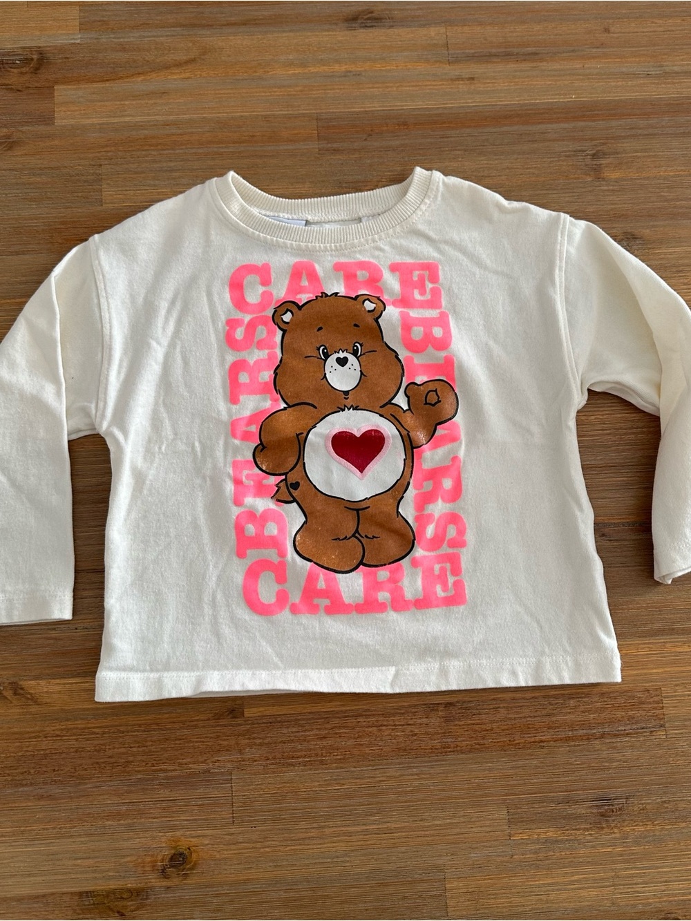 Zara Cream Long-Sleeve Care Bear Tee with Pink and Brown Graphic